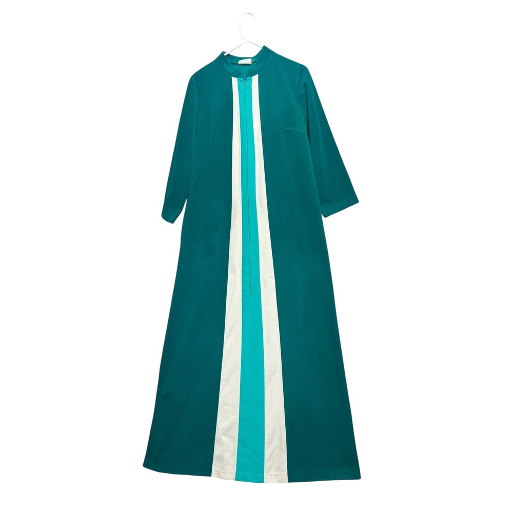 Vintage 70s JCPenney Velour House Coat Teal White Stripe Maxi Lounger S